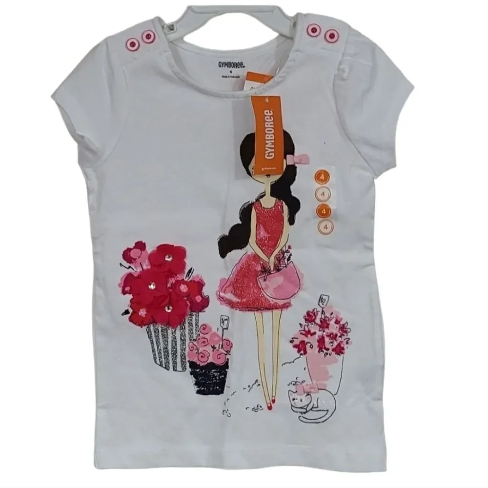 Gymboree Girls 4 White Glitter T-Shirt Top 3D Flowers Cat Rhinestone Sparkle NWT